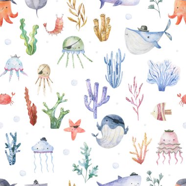 Seamless pattern with sea creatures. Endless underwater life background. Fish, jellyfish, shark, flora, sea shell, corals, starfish. Ocean wallpaper, textile, wall art, fabric print. Summer vacation. Coral reef watercolor illustration.