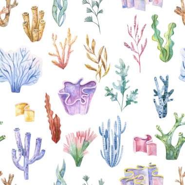 Seamless pattern with sea creatures. Endless underwater life background. Fish, jellyfish, shark, flora, sea shell, corals, starfish. Ocean wallpaper, textile, wall art, fabric print. Summer vacation. Coral reef watercolor illustration.
