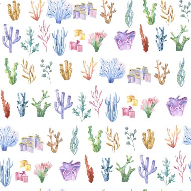 Seamless pattern with sea creatures. Endless underwater life background. Fish, jellyfish, shark, flora, sea shell, corals, starfish. Ocean wallpaper, textile, wall art, fabric print. Summer vacation. Coral reef watercolor illustration.