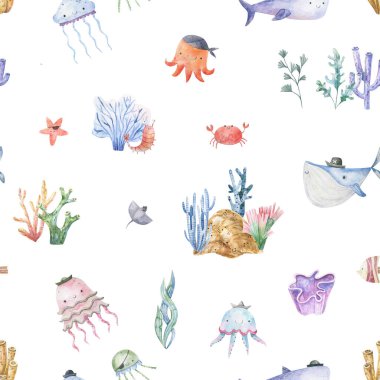 Seamless pattern with sea creatures. Endless underwater life background. Fish, jellyfish, shark, flora, sea shell, corals, starfish. Ocean wallpaper, textile, wall art, fabric print. Summer vacation. Coral reef watercolor illustration.
