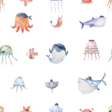 Seamless pattern with sea creatures. Endless underwater life background. Fish, jellyfish, shark, flora, sea shell, corals, starfish. Ocean wallpaper, textile, wall art, fabric print. Summer vacation. Coral reef watercolor illustration.