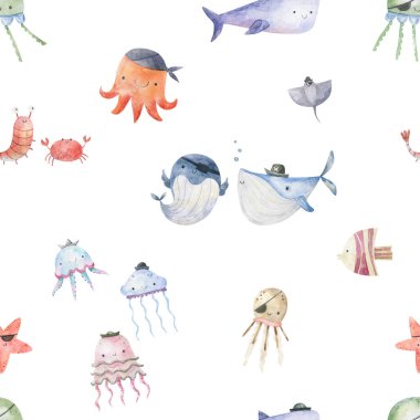 Seamless pattern with sea creatures. Endless underwater life background. Fish, jellyfish, shark, flora, sea shell, corals, starfish. Ocean wallpaper, textile, wall art, fabric print. Summer vacation. Coral reef watercolor illustration.