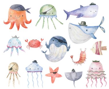 set with underwater fishes, shars, jellyfish. Childish watercolor set, collection with isolated clipart on white background. Kids undersea life, vacation