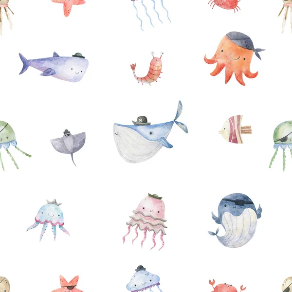 Seamless Pattern Sea Creatures Endless Underwater Life Background Fish Jellyfish — Fotografia de Stock