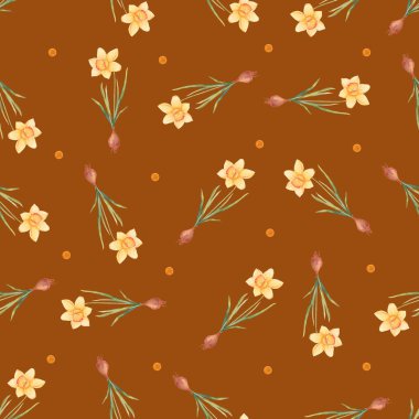 Narsisli suluboya botanik gerçekçi çiçek deseni. Beyaz arka planda parlak sarı nergis. Tekstil ve duvar kâğıdı için doğal ve canlı tekrarlanan baskı. Bahar çiçekleri