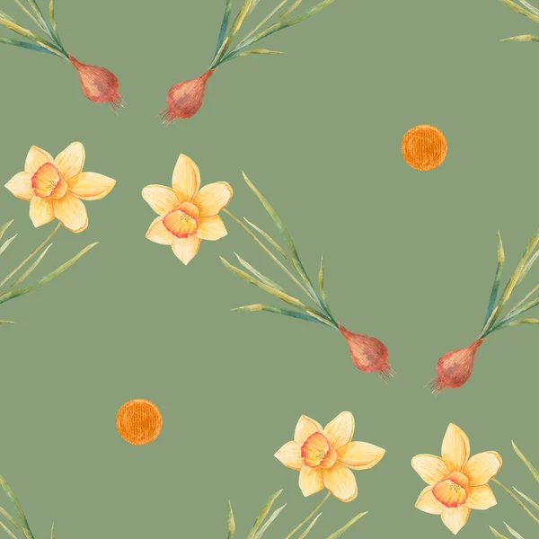 ナルシシズムと水彩植物の現実的な花のパターン 白い背景に明るい黄色のダフォジル テキスタイル 壁紙のための自然で活気のある繰り返し印刷 春の花 — ストック写真