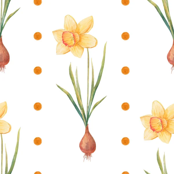 Patrón Floral Realista Botánico Acuarela Con Narciso Narciso Amarillo Brillante —  Fotos de Stock