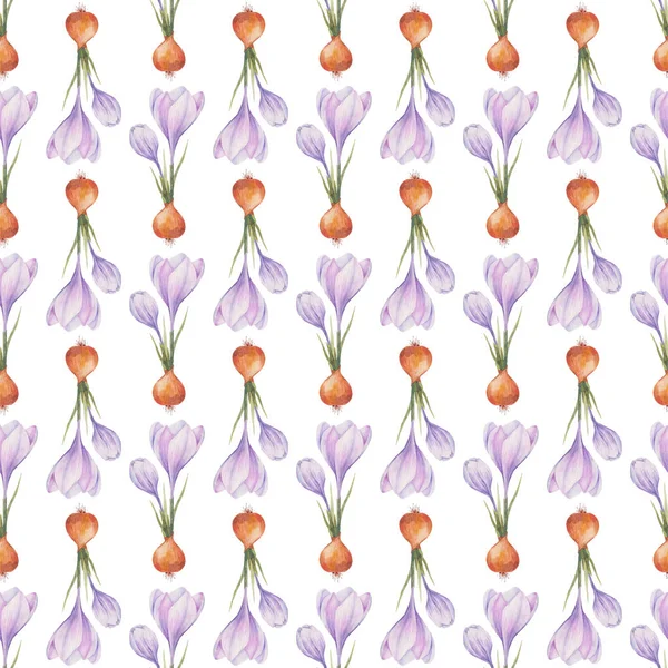 Крокус Рисунок Шафрановое Поле Бесшовный Рисунок Фиолетовыми Крокусами Бесшовный Векторный — стоковое фото