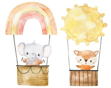 hand painted  childish watercolor illustration with funny animals on hot air balloon. transport, adventure