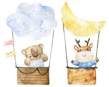 hand painted  childish watercolor illustration with funny animals on hot air balloon. transport, adventure