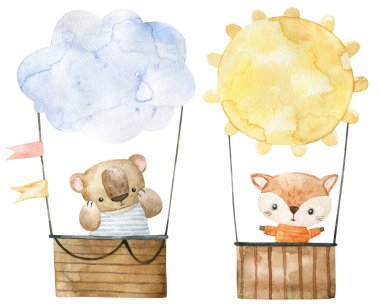 Sıcak hava balonunda komik hayvanlar olan çocuksu suluboya çizimler. ulaşım, macera