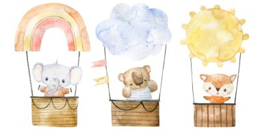 hand painted  childish watercolor illustration with funny animals on hot air balloon. transport, adventure