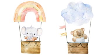 hand painted  childish watercolor illustration with funny animals on hot air balloon. transport, adventure