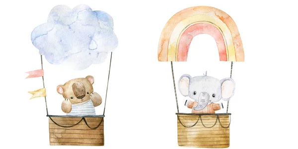 Ručně Malované Dětinské Akvarel Ilustrace Vtipnými Zvířaty Horkovzdušném Balónu Doprava — Stock fotografie