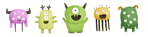 一组可爱的怪物人物形象 儿童手绘插图 幼儿保育 — 图库照片