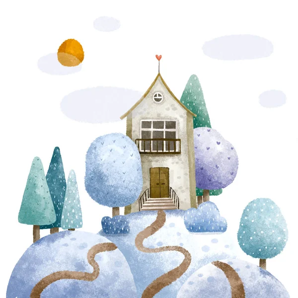 家や木雲かわいい子供っぽいイラストで冬の風景 — ストック写真