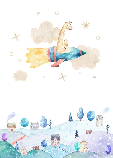 Carino Poster Favola Con Giraffa Che Vola Sopra Montagne Illustrazione — Foto Stock