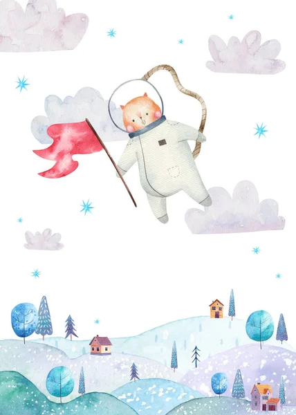 Schattig Sprookje Poster Met Astronaut Kat Vliegen Bergen Kinderen Aquarel — Stockfoto