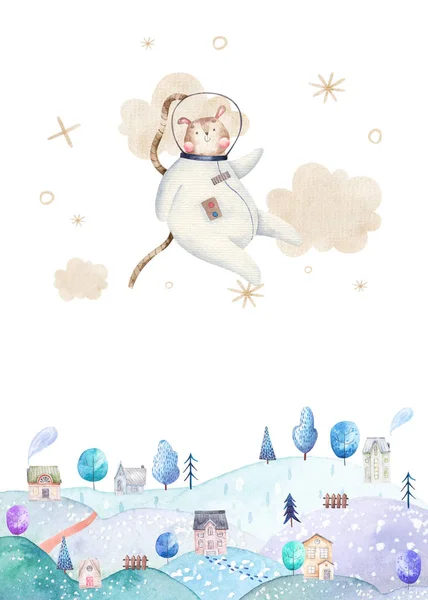 Cute Fairy Tale Poster Astronaut Dog Mountains Childrens Watercolor Illustration — Stock Photo, Image
