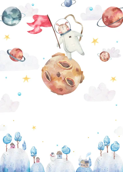 Schattig Sprookje Poster Met Astronaut Ruimte Bergen Kinderen Aquarel Illustratie — Stockfoto