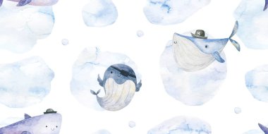 Köpekbalığı, balık ve denizanasıyla kusursuz desen. Güzel bebek baskısı. Tekstil, dekor ve kağıt tasarımı. Su altı dünyası, balık, balina, köpekbalığı, yunus, denizyıldızı, denizanası, alg ve deniz kabukları ile suluboya desenleri