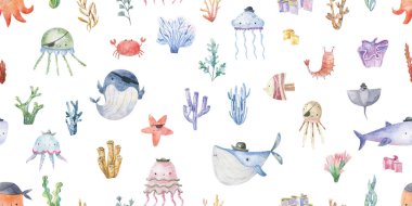Köpekbalığı, balık ve denizanasıyla kusursuz desen. Güzel bebek baskısı. Tekstil, dekor ve kağıt tasarımı. Su altı dünyası, balık, balina, köpekbalığı, yunus, denizyıldızı, denizanası, alg ve deniz kabukları ile suluboya desenleri