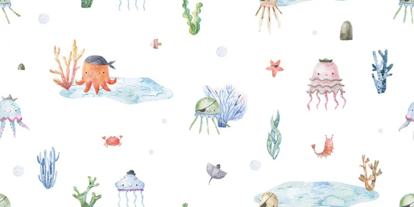 Seamless pattern with shark, fish and jellyfish. Cute baby print. Design for textiles, decor and paper. Watercolor seamless pattern with underwater world, fish, whale, shark, dolphin, starfish, jellyfish, algae, seashells
