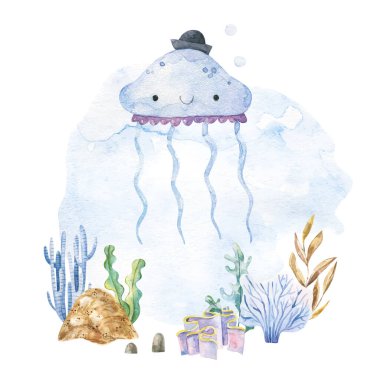 Su altında yaşayan çocuksu bir tasarım. Sualtı okyanus yaşamı. Bebek tasarımı, çıkartma, baskı