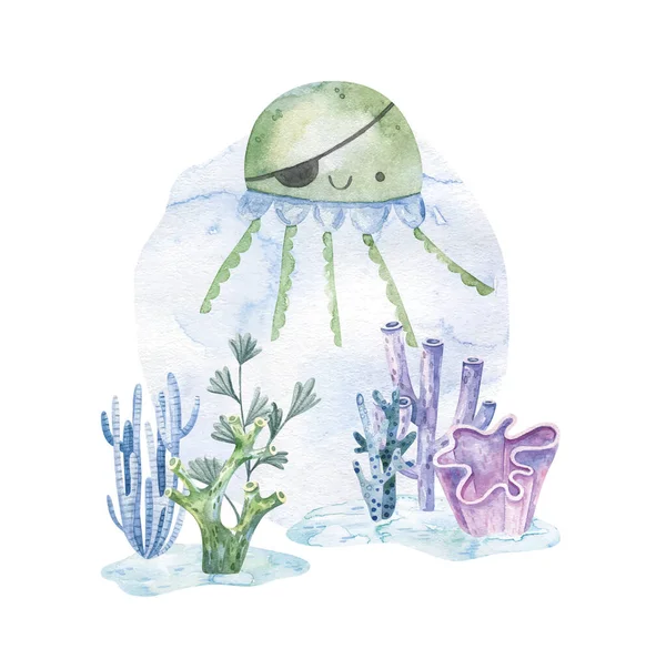 儿童可爱的设计与水下生活 在水下的海洋生物 婴儿用品设计 印刷品 — 图库照片