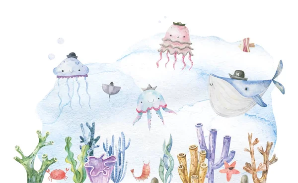 childish cute design with underwater life. Underwaterr ocean life. Baby design, sticker, print