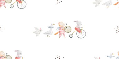 seamless, endless pattern with circus. Funny characters, trained animals on transport, jumping show, perfomance. Children's illustration, textile design, print on white background