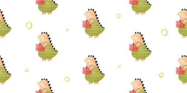 Cute Childish Seamless Pattern Funny Dinosaurs Dinos Gifts Flowers Cartoon — Stock Photo, Image