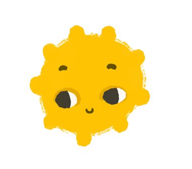 Yüzü güneşli basit bir illüstrasyon. Sevimli güneş tasarımı çıkartması. Bebek sanatı, ıssız bir yer.