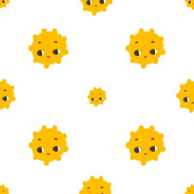 Basit, pürüzsüz desenli, yüzlü, komik sarı güneşli. Beyaz arka planda güneşi olan sevimli çocuksu sanat. Bebek tasarımı ve baskısı, kumaş tasarımı, duvar sanatı, ambalaj kağıdı