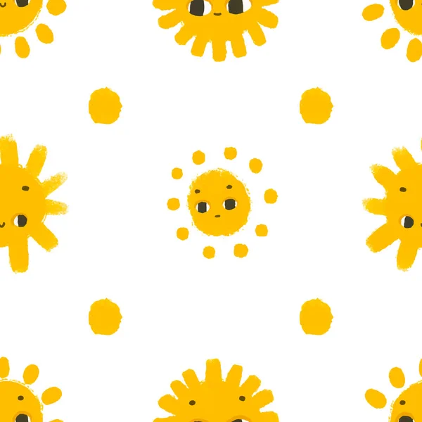 Prosty Bezszwowy Wzór Zabawnymi Żółtymi Słońcami Twarzą Cute Dziecinna Sztuka — Zdjęcie stockowe