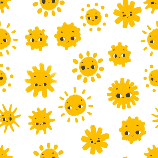 简单无缝的图案 带有滑稽的黄色太阳和脸 在白色背景上的阳光下 可爱而幼稚的艺术 采购产品婴儿用品设计和印刷 织物设计 墙面艺术 包装纸 — 图库照片