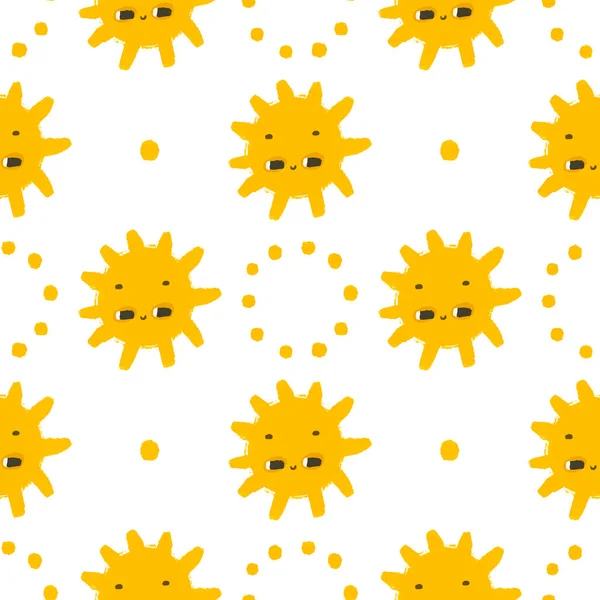 Prosty Bezszwowy Wzór Zabawnymi Żółtymi Słońcami Twarzą Cute Dziecinna Sztuka — Zdjęcie stockowe