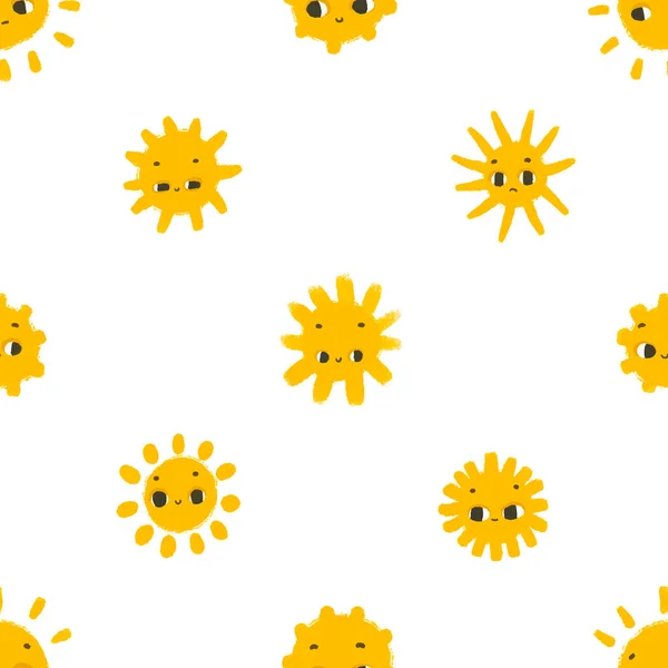 Jednoduchý Bezproblémový Vzor Legračními Žlutými Slunci Obličejem Roztomilé Dětské Umění — Stock fotografie