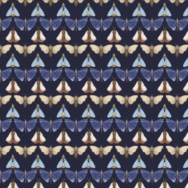 Mystical Luna güve vektör çizimleriyle kusursuz desen, sevimli çizgi film batterfly. Göksel Gece Kelebeği. Beyaz arka planda sihirli böcek. Ambalaj kağıdı, duvar sanatı, sihirli kart, davetiyeler, tişört baskısı, çıkartmalar için tasarım