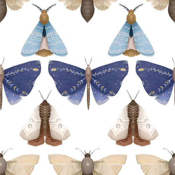 神秘的なルナ蛾ベクトルイラストとシームレスなパターン かわいい漫画の蝶 天体夜蝶 白を背景に魔法の昆虫 包装紙 壁アート 魔法のカード 招待状 Tシャツプリント ステッカーのためのデザイン — ストック写真