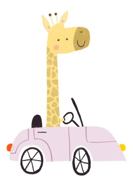 Sevimli bir el çizimi ve taşımacılıkta komik bir hayvan. Komik retro araba. Çocuksu tasarım