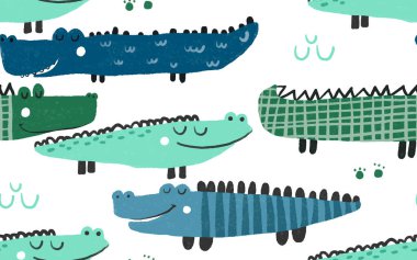 Bebek odası ve çocuk odası için güzel timsah desenli çizimler. Moda kumaşları, tekstil grafikleri, baskılar, ambalaj, tekstil tasarımı.