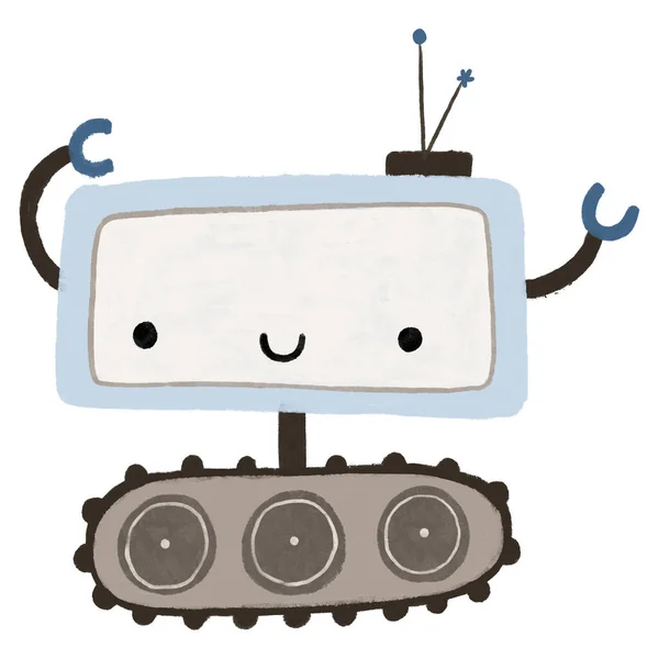 Мультяшний Робот Ізольований Білому Тлі Веселі Смішні Мультиплікаційні Дитячі Роботи — стокове фото