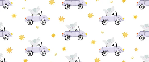 Zábavné Kreslené Zvířata Řídit Auto Roztomilá Ilustrace Dětství Bezproblémový Vzor — Stock fotografie