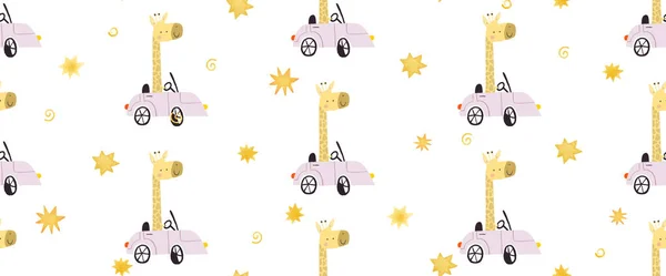 Vicces Rajzfilmfigurák Vezetik Autót Aranyos Gyerekkori Illusztráció Zökkenőmentes Minta Csomagolópapírhoz — Stock Fotó