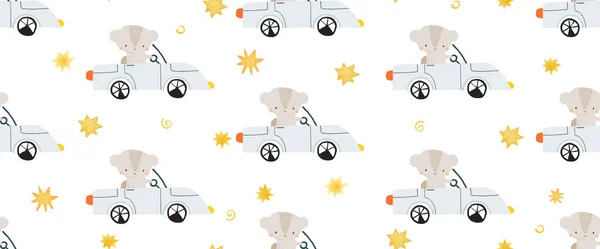 面白い漫画動物が車を運転します かわいい子供時代のイラスト 包装紙のためのシームレスなパターン 保育園のための無限のデザイン — ストック写真