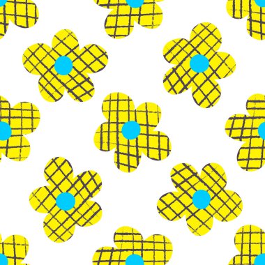 Beyaz bir arka planda çiçek desenli kusursuz çiçek desenleri var. Retro çiçekli arka plan tasarımı, tekstil, İskandinav çocuk odası baskısı. Sevimli çağdaş minimalist boho arkaplanı