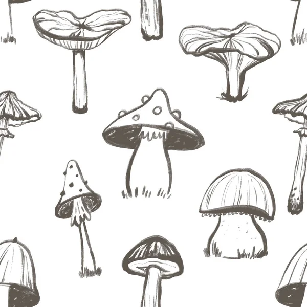 Seamless Doodle Pattern Mushroom Illustration Endless Background Mushroom Silhouette Minimal — Stock Photo, Image