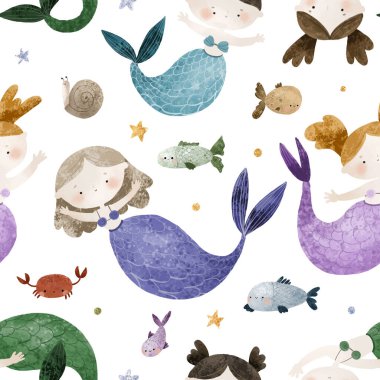 Deniz karikatürü denizkızlarında kusursuz desen. Denizkızı karakteri, balık ve sualtı hayatı. Denizkızı kuyruklu çizgi film kızı, sualtı balıkları. Yaz şablonu, çocuk tasarımı ve baskısı