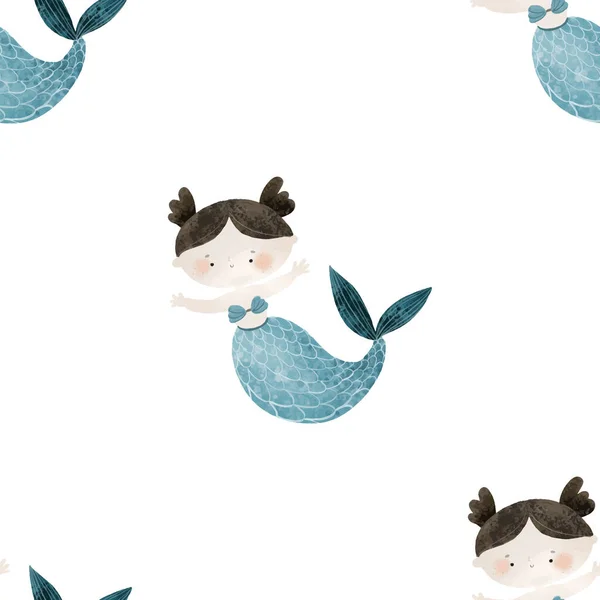 Naadloos Patroon Met Sea Cartoon Zeemeerminnen Zeemeermin Karakter Vis Onderwater — Stockfoto